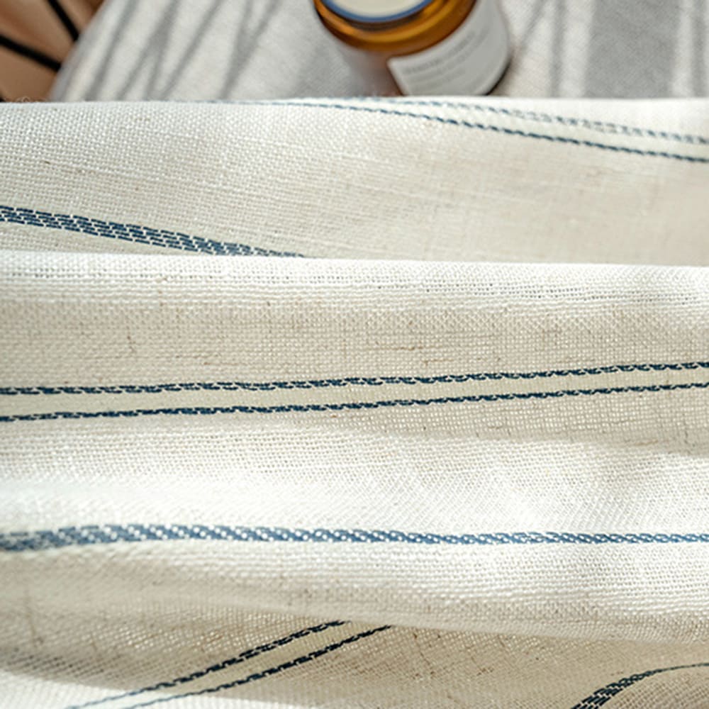 Rustic Natural Linen Sheer Curtain with Blue Stripes