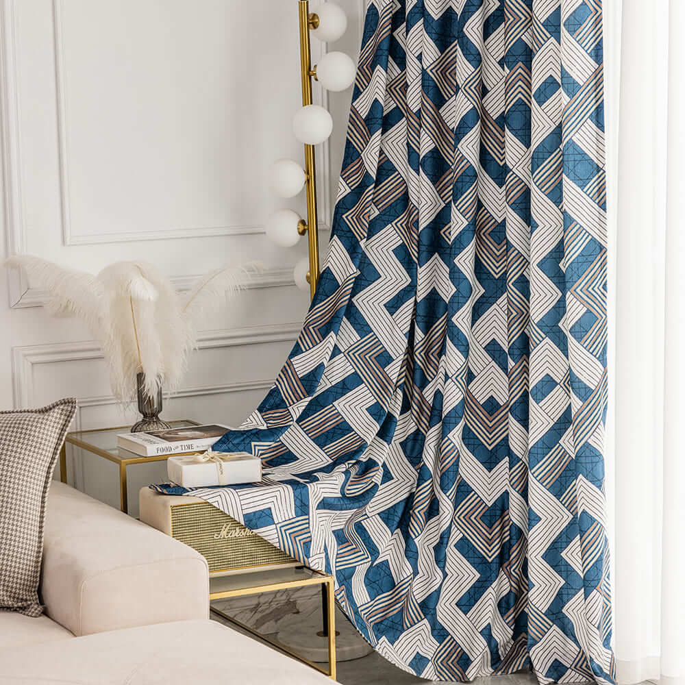 elegant blue geometric light filtering curtains bedroom window treatments