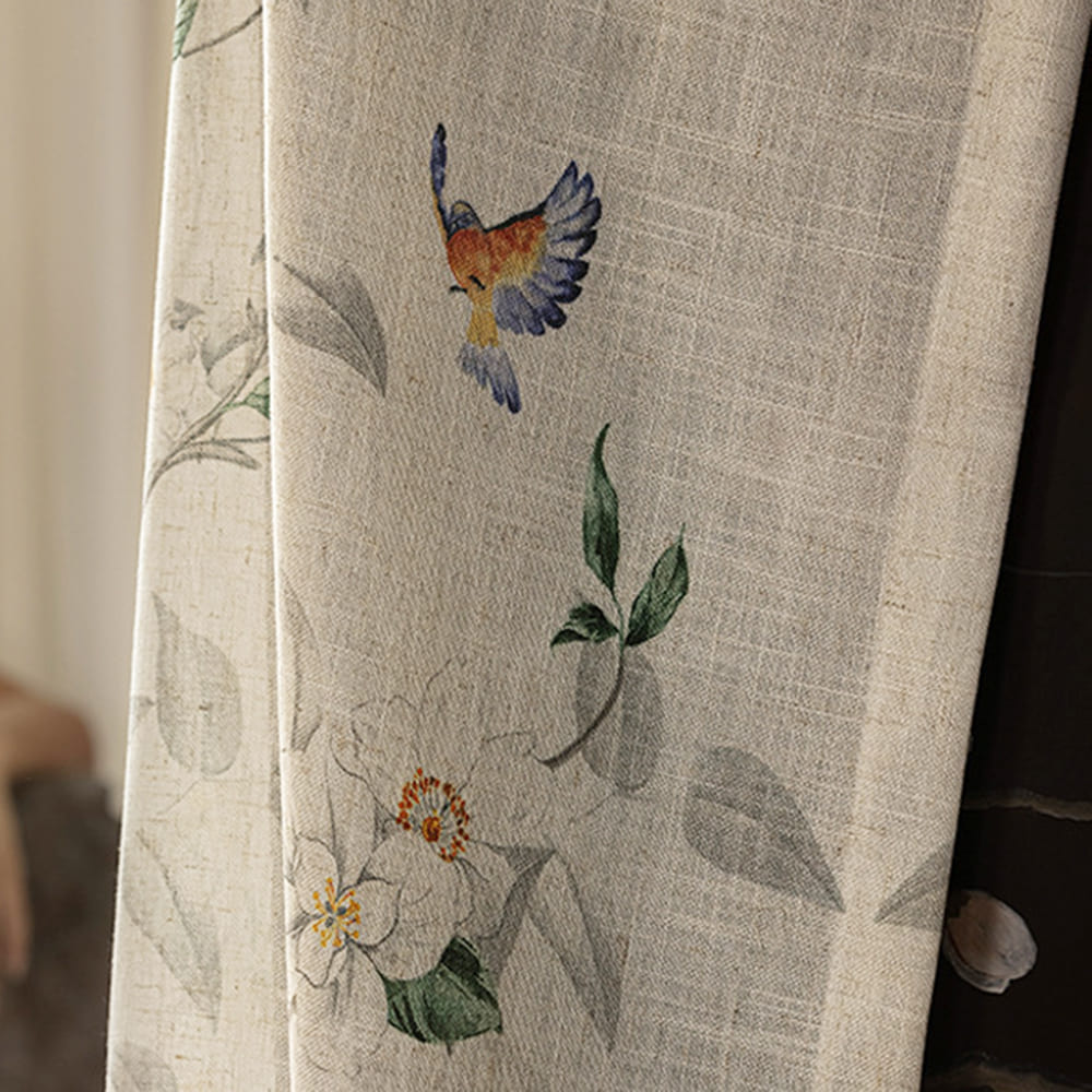 Cream Linen Blend Watercolor White Camellias & Colorful Bird Sheer Curtains