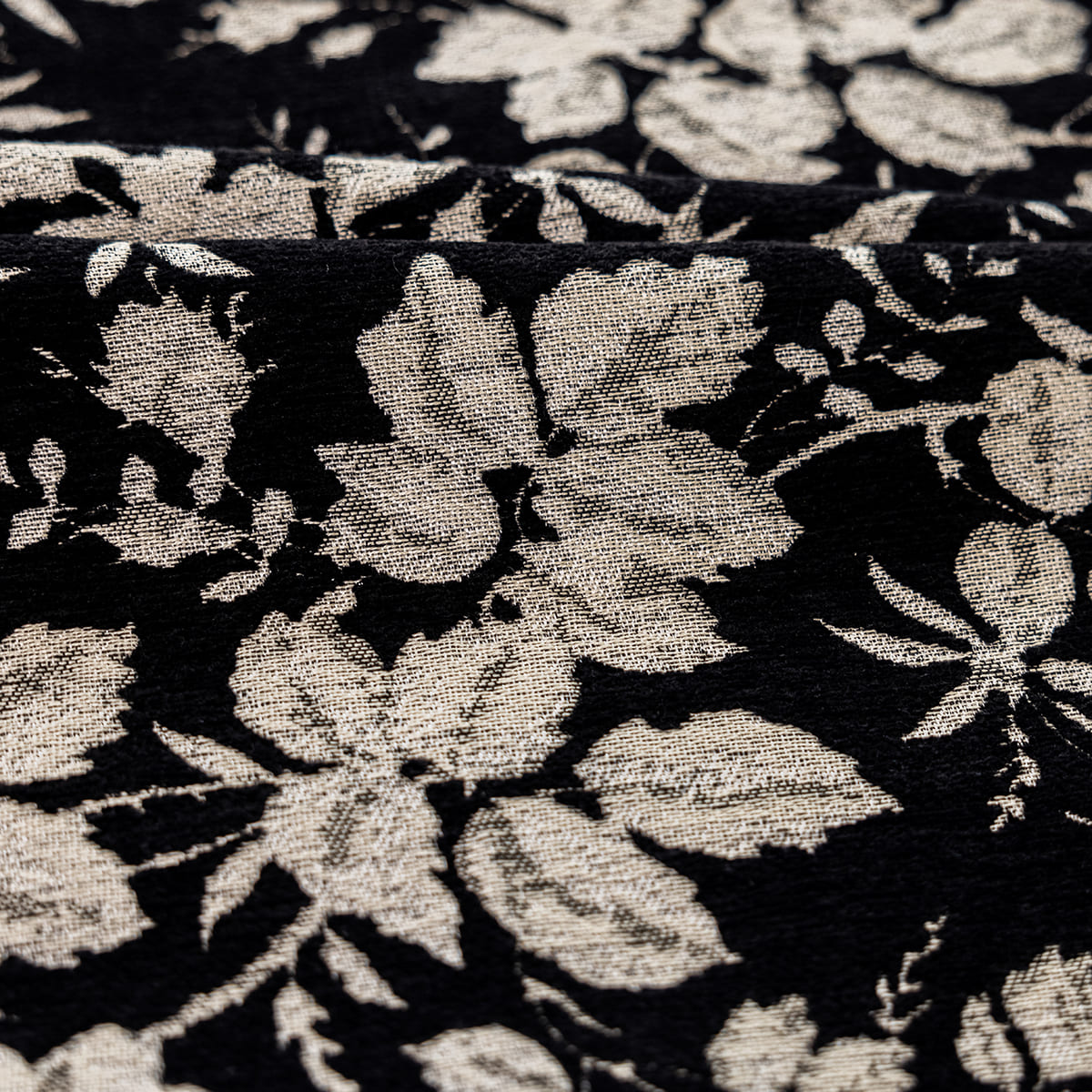 Stately Retro Black Base White Floral Chenille Jacquard Blackout Curtains