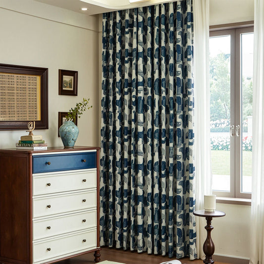Soft Touch Indigo Blue Geometric Jacquard Curtains