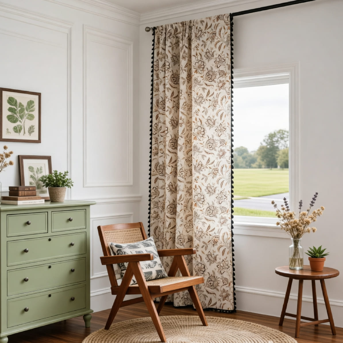 Camellia Blooms Cream Curtains Cotton Linen Drapes With Black Tassels