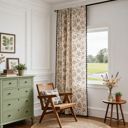 Camellia Blooms Cream Curtains Cotton Linen Drapes With Black Tassels