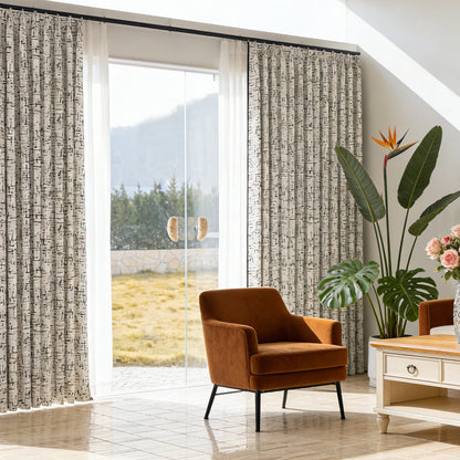 Modern Minimalist Ivory Black Chenille Jacquard Abstract Line Geometric Curtains