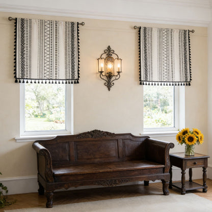 Geometric Bohemian Style Cotton Linen Cream Curtains with Tassels