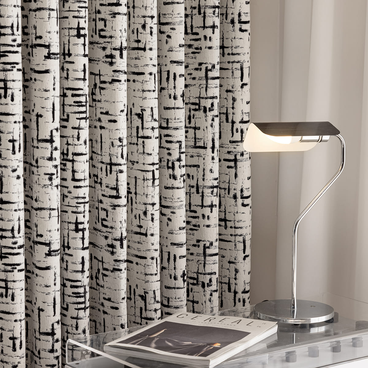 Modern Minimalist Ivory Black Chenille Jacquard Abstract Line Geometric Curtains