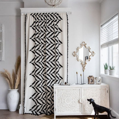 Bold Black White Geometric Zigzag  Curtain - Tasseled Artistic Window Drape for Accent Walls