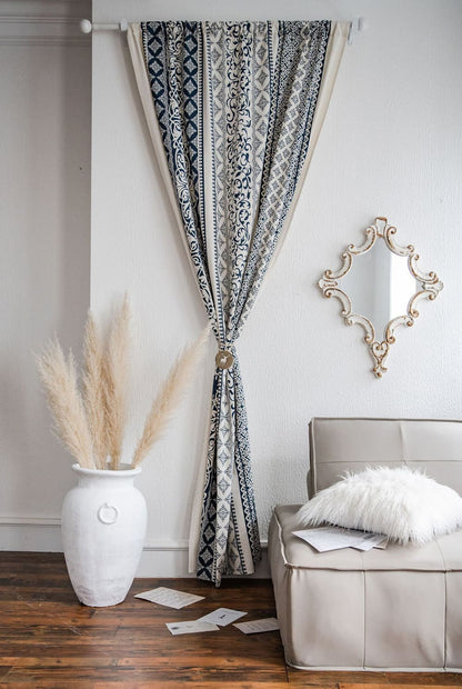 Mediterranean Indigo Moroccan Scrollwork Cotton Linen Curtains