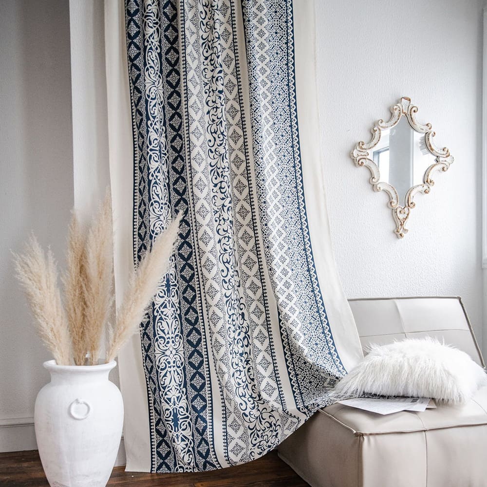 Mediterranean Indigo Moroccan Scrollwork Cotton Linen Curtains