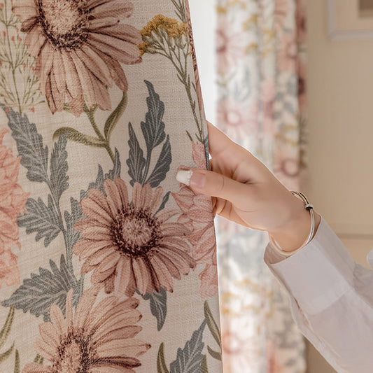 Vintage Country Beige Pink Daisy Floral Curtains