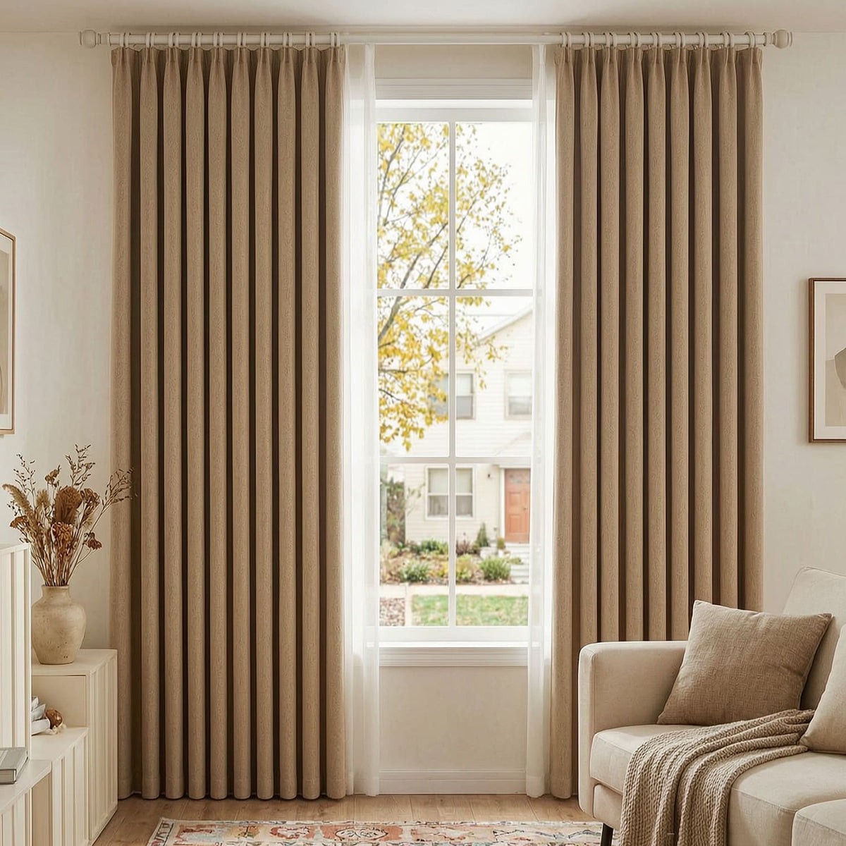 Camel Brown Cat Scratch Resistant Curtains Non-Toxic Formaldehyde Free Fabric for Kid & Pet Households