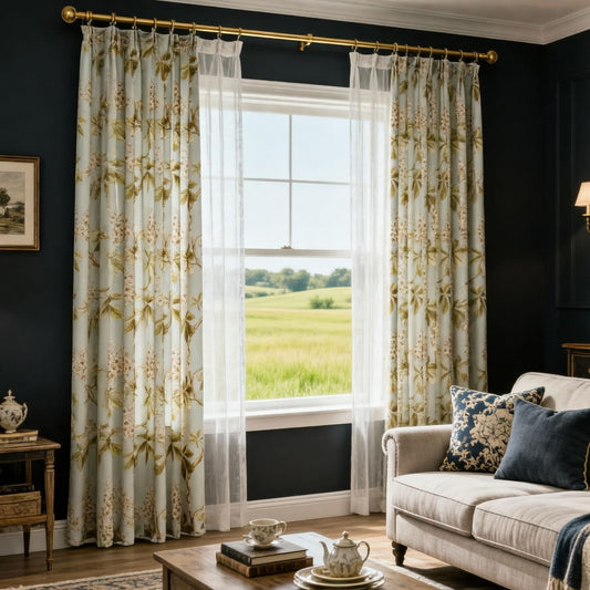 Aqua Mist Cottage Chestnut Floral Pinch Pleat Curtains