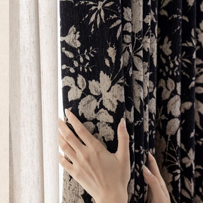 Stately Retro Black Base White Floral Chenille Jacquard Blackout Curtains