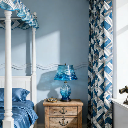 Preppy Coastal Navy White Geometric Chevron Curtain for Nautical Homes