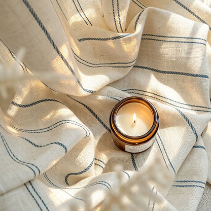 Rustic Natural Linen Sheer Curtain with Blue Stripes