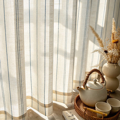Rustic Natural Linen Sheer Curtain with Blue Stripes