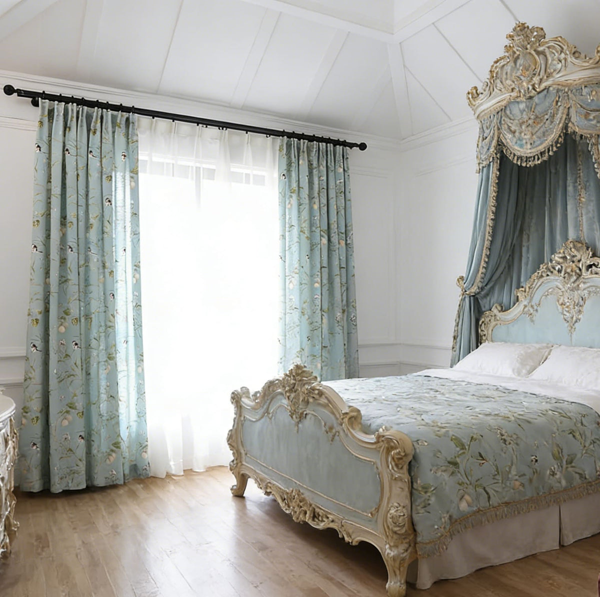 Nature-Inspired Blue Cottage White Blossom & Swallow Curtains