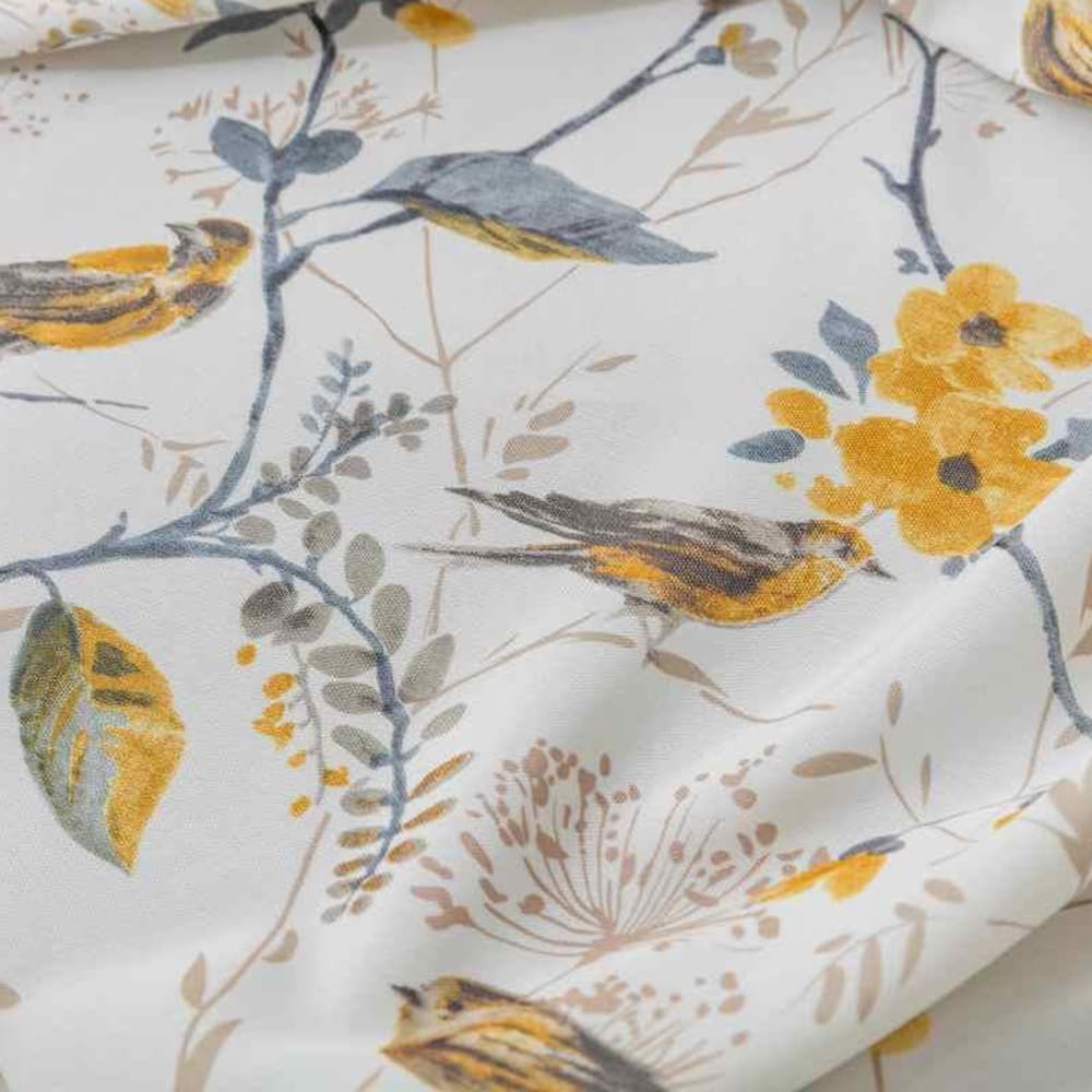 Garden Mustard Gray Birds Yellow Blossom Print Curtain Panels