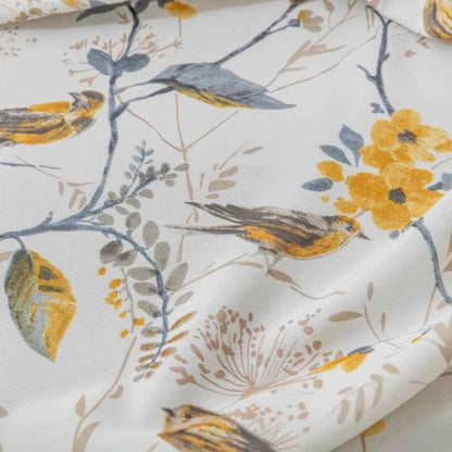 Garden Mustard Gray Birds Yellow Blossom Print Curtain Panels