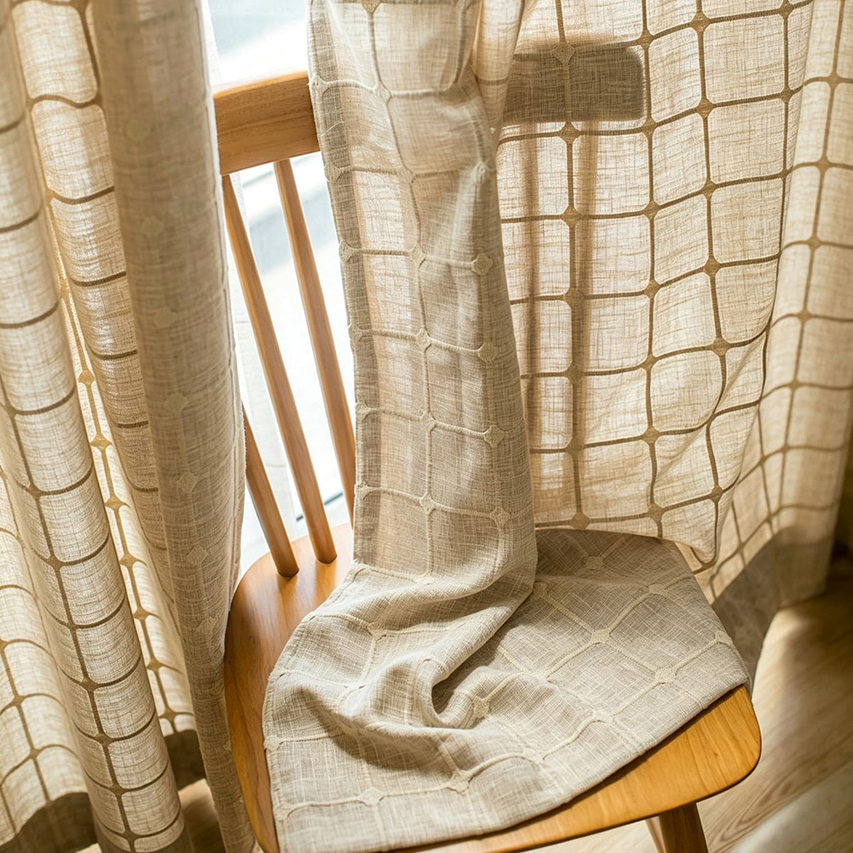 Plaid Embroidered Natural Linen Curtains Window Check Drapes for Living Room