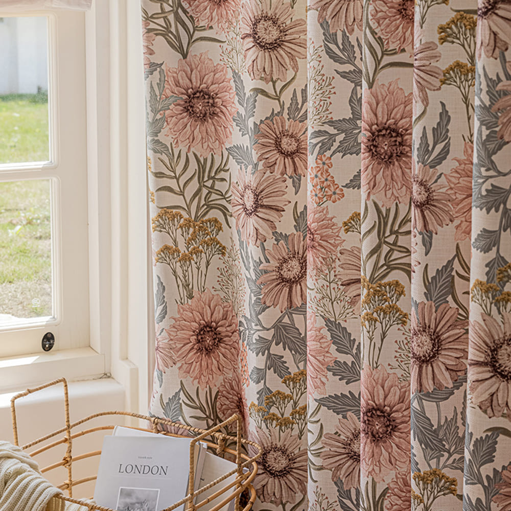 Vintage Country Beige Pink Daisy Floral Curtains