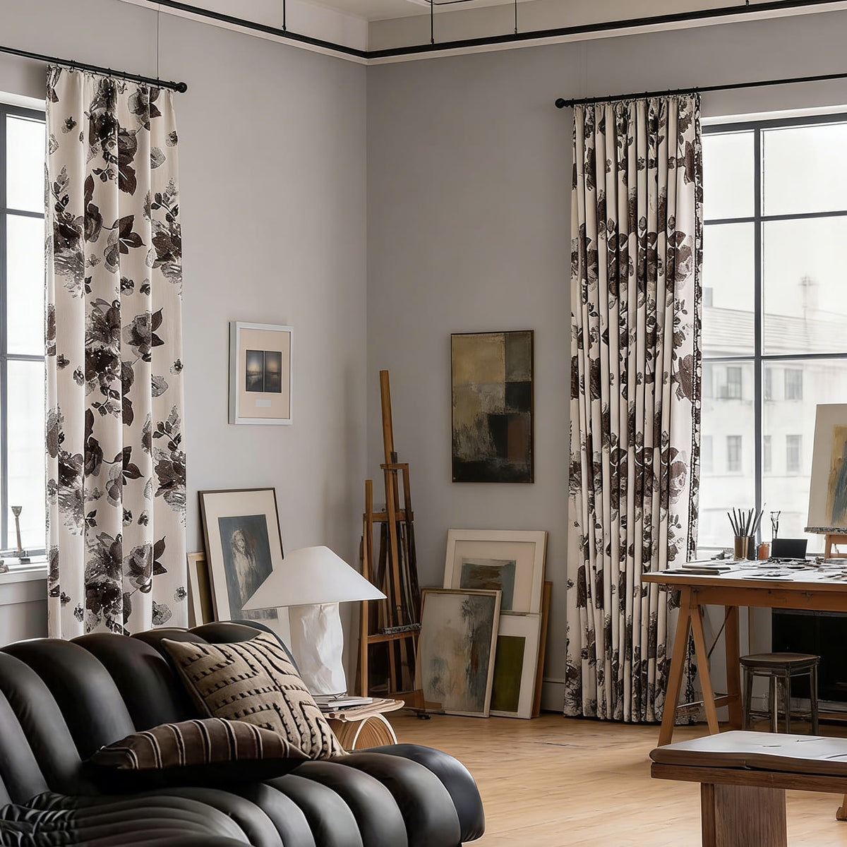 Modern Elegant Ivory Dark Watercolor Floral Chenille Drapes