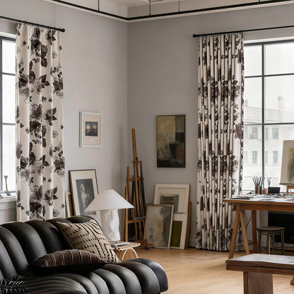 Modern Elegant Ivory Dark Watercolor Floral Chenille Drapes