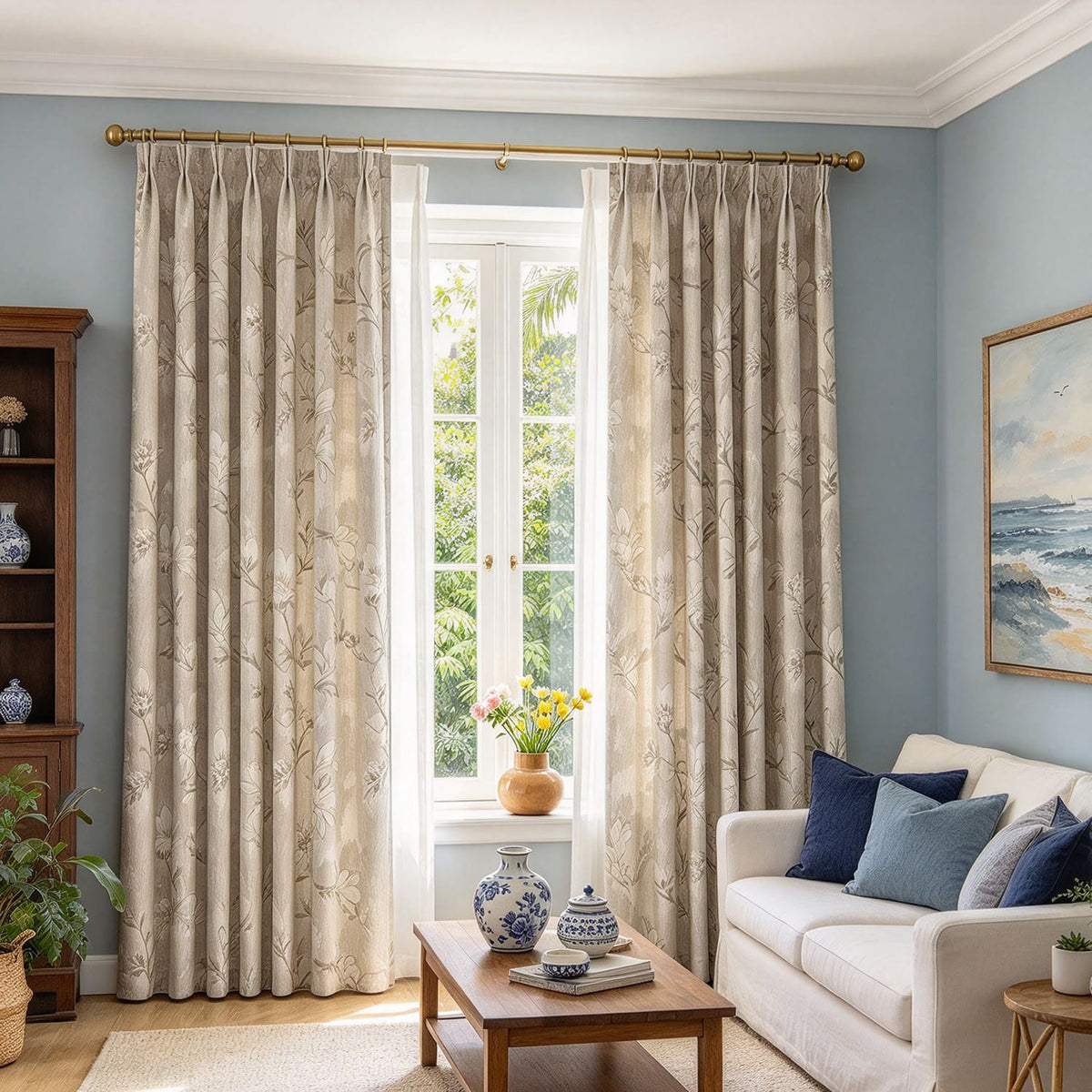 Double Sided Chenille Magnolia Floral Jacquard Curtains for Living Room