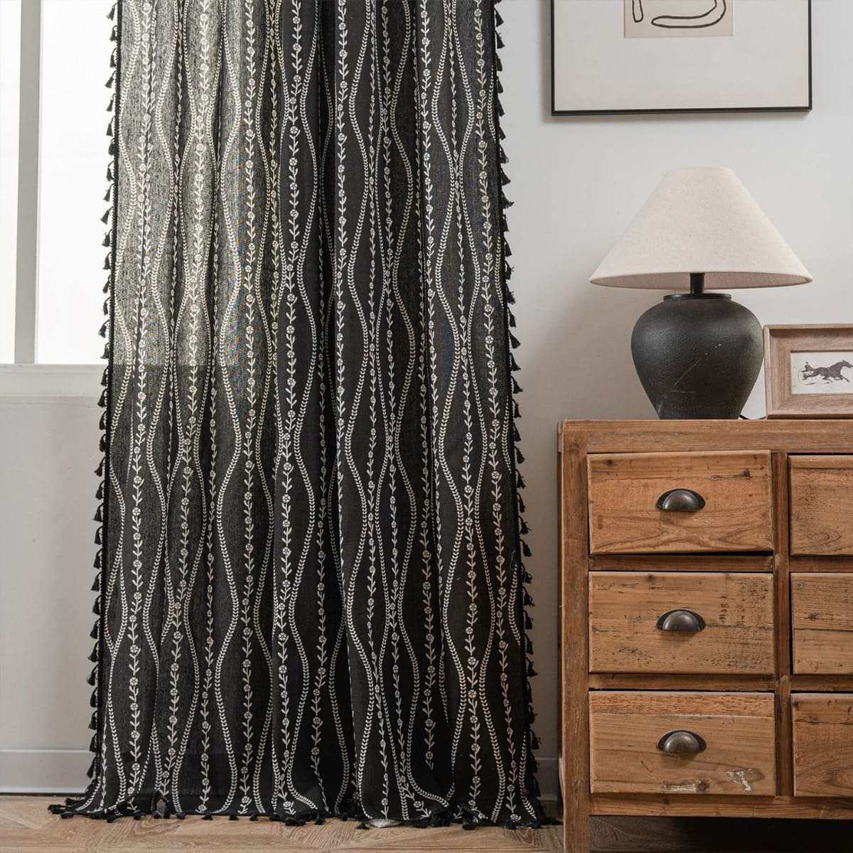 Rideaux de cuisine en lin et coton ondulé de Style bohème, avec pompons noirs