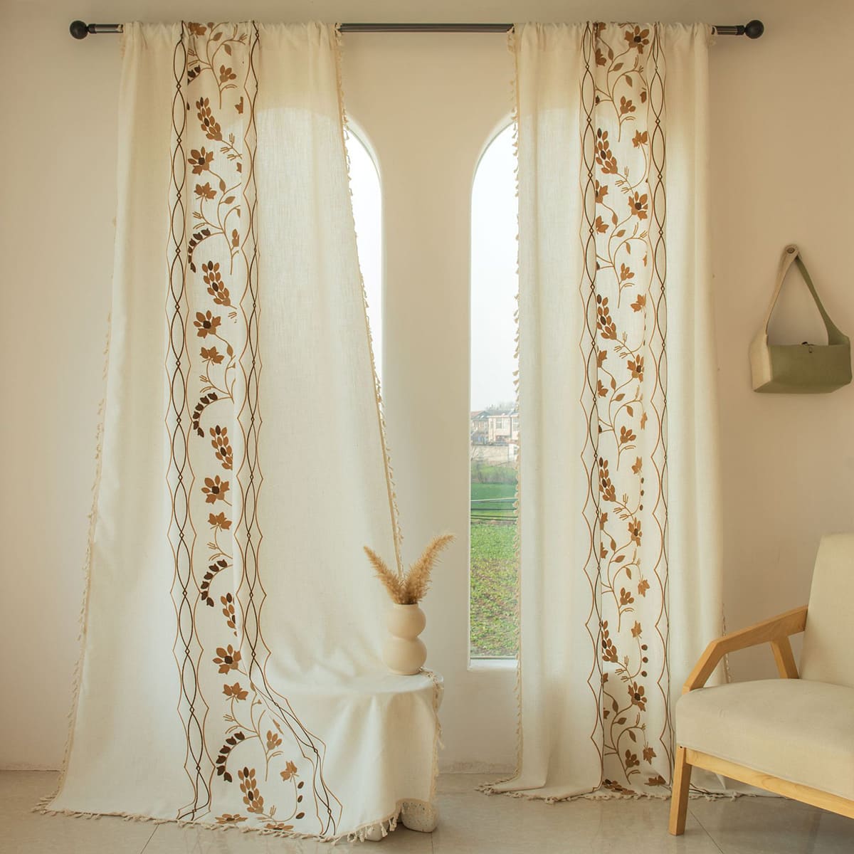 Rustic Vintage Embroidered Floral Linen Curtain with Tassels Custom Length