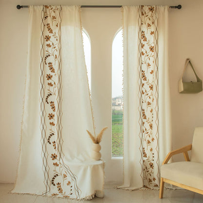 Rustic Vintage Embroidered Floral Linen Curtain with Tassels Custom Length