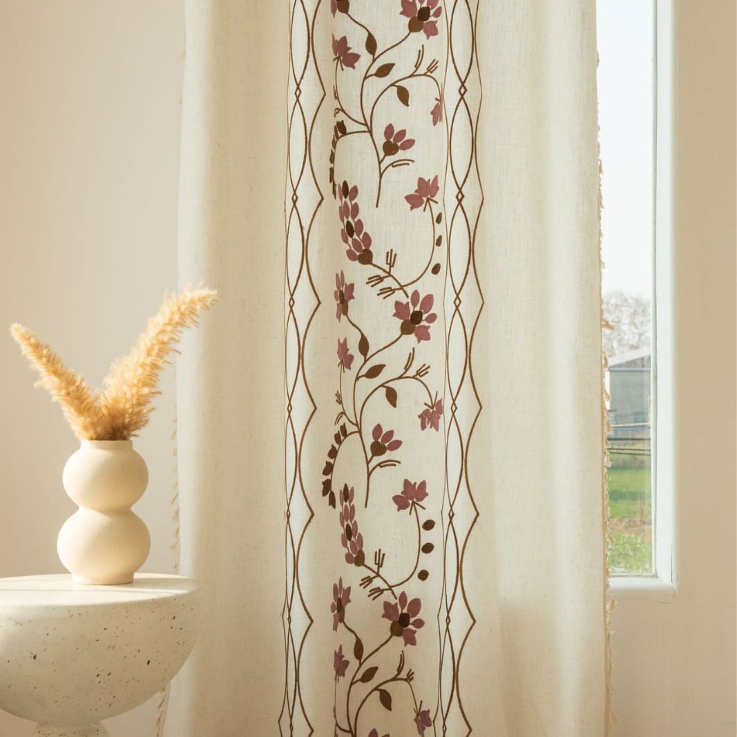 Rustic Vintage Embroidered Floral Linen Curtain with Tassels Custom Length