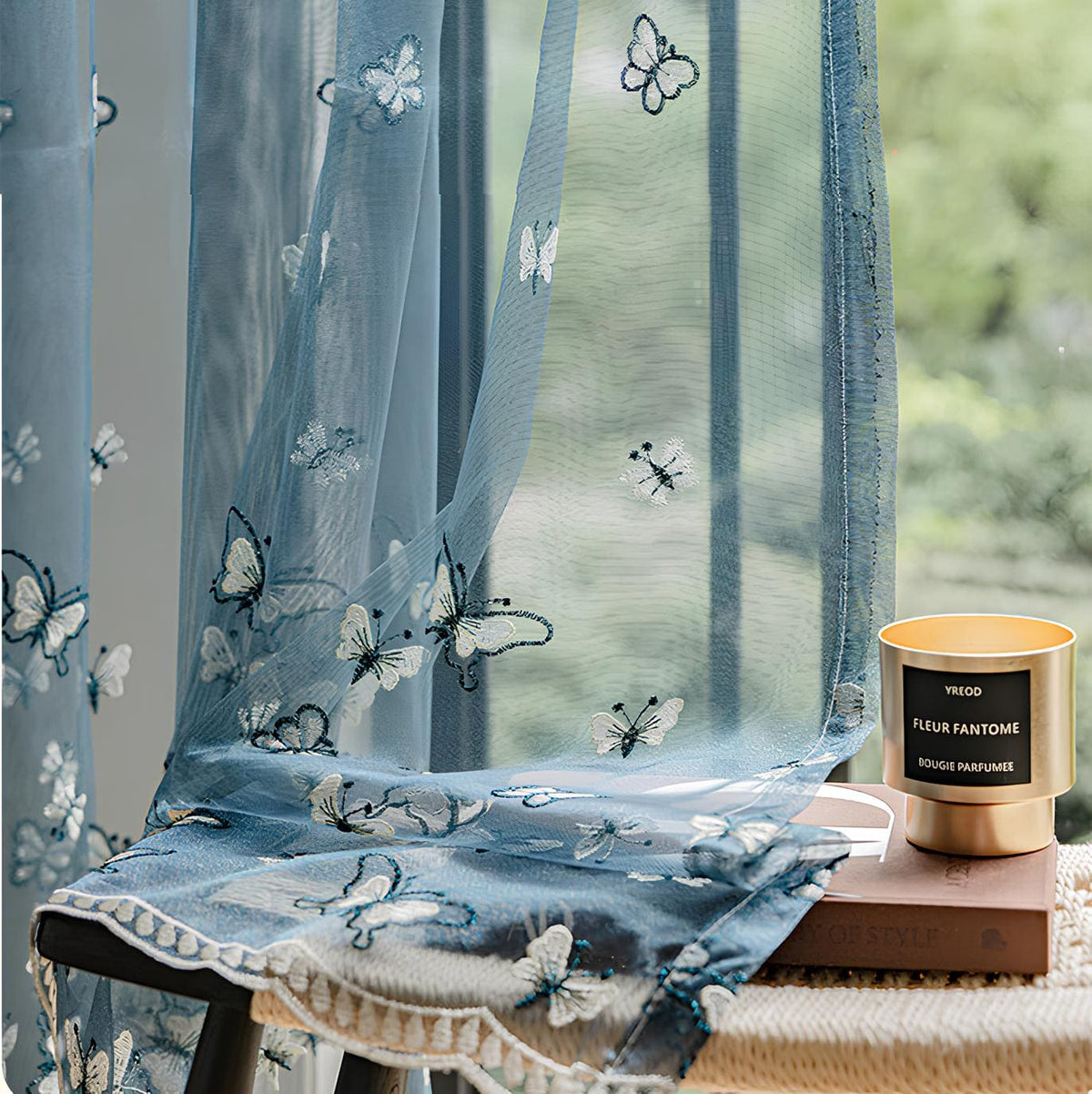 Ethereal Dreamy Shimmering Blue Butterfly Embroidery Whimsical Sheer Curtains