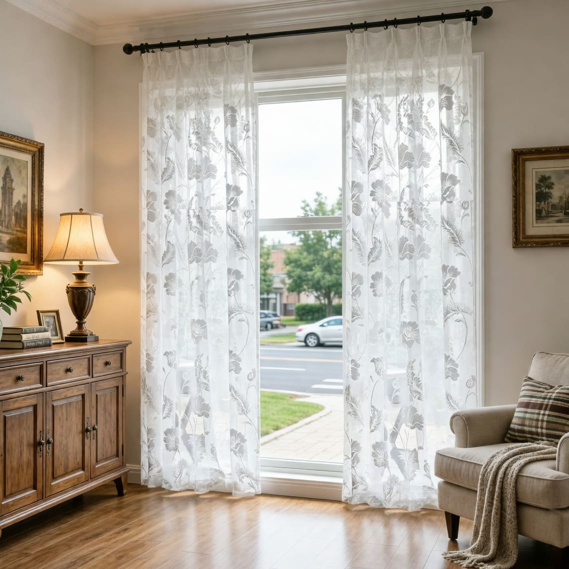 Ethereal Sheer White Floral Jacquard Window Curtains
