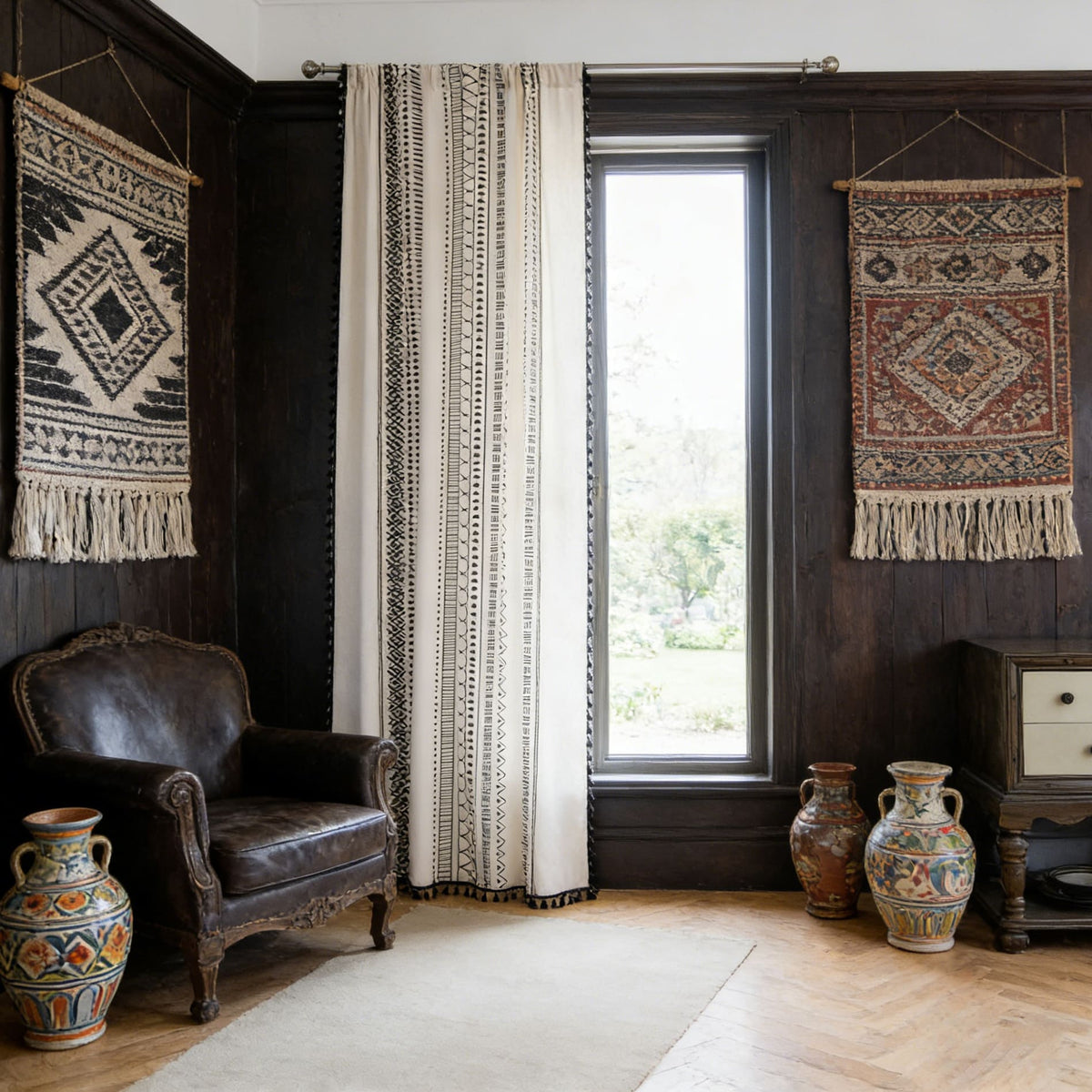 Geometric Bohemian Style Cotton Linen Cream Curtains with Tassels