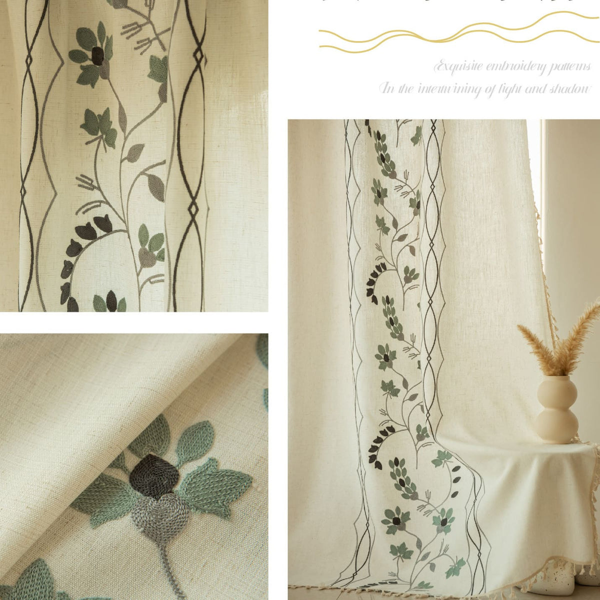 Rustic Vintage Embroidered Floral Linen Curtain with Tassels Custom Length