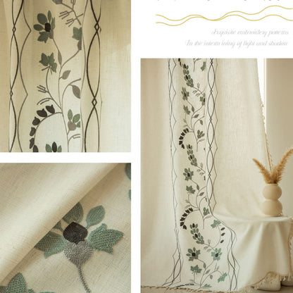 Rustic Vintage Embroidered Floral Linen Curtain with Tassels Custom Length