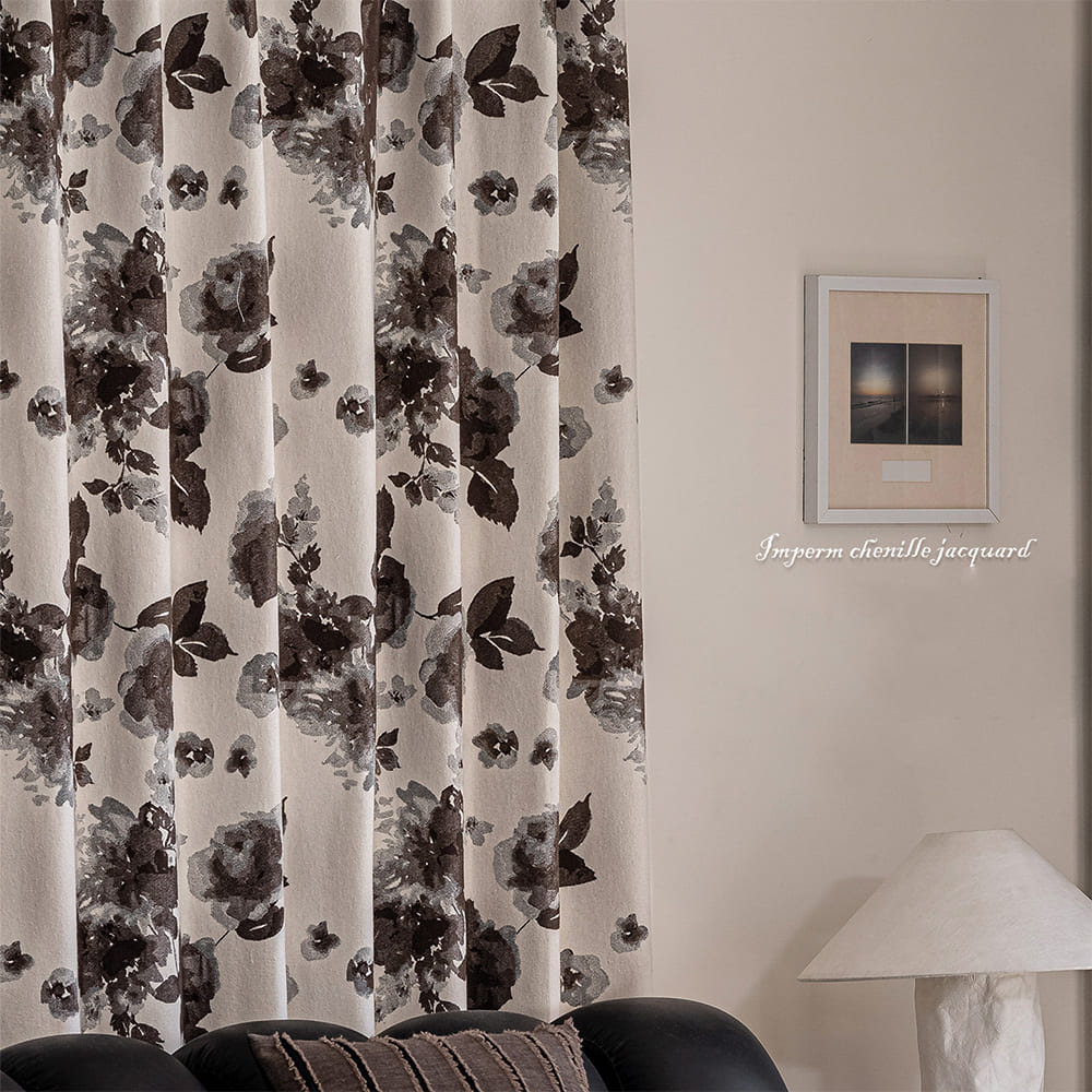 Modern Elegant Ivory Dark Watercolor Floral Chenille Drapes