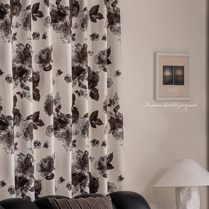 Modern Elegant Ivory Dark Watercolor Floral Chenille Drapes