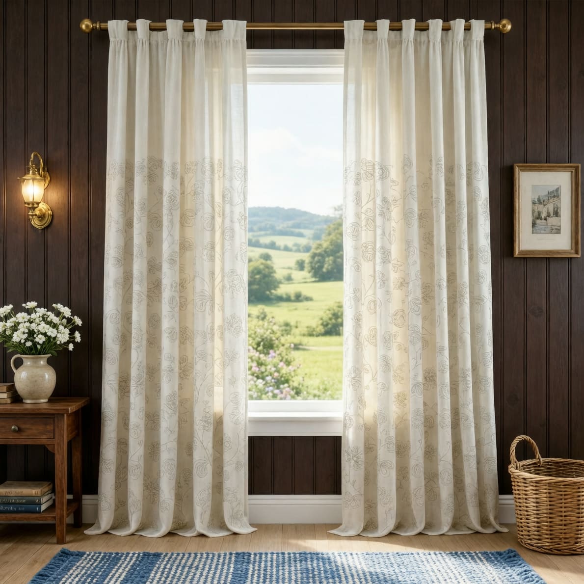 Natural Linen Rope Embroidery Flower Unique Curtains Pinch Pleat Drapes