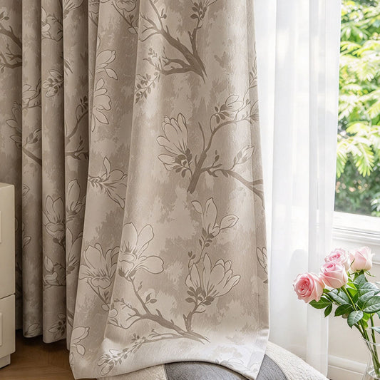 Double Sided Chenille Magnolia Floral Jacquard Curtains for Living Room