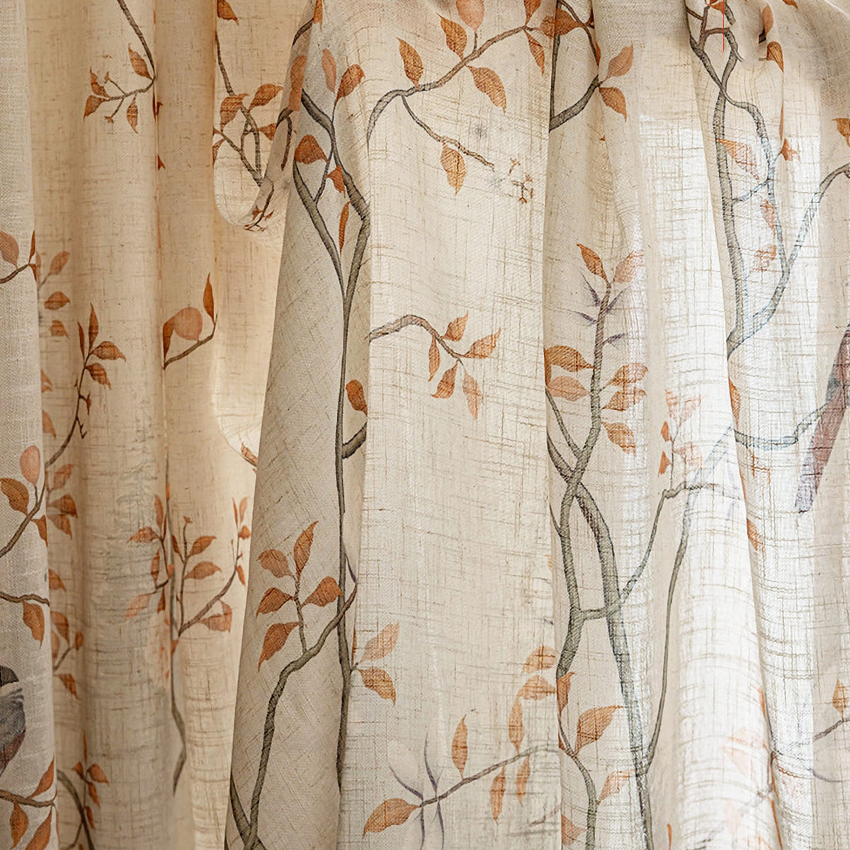 Warm Tone Linen Sheer Autumn Branch & Songbird Privacy Pinch Pleat Sheer Curtain