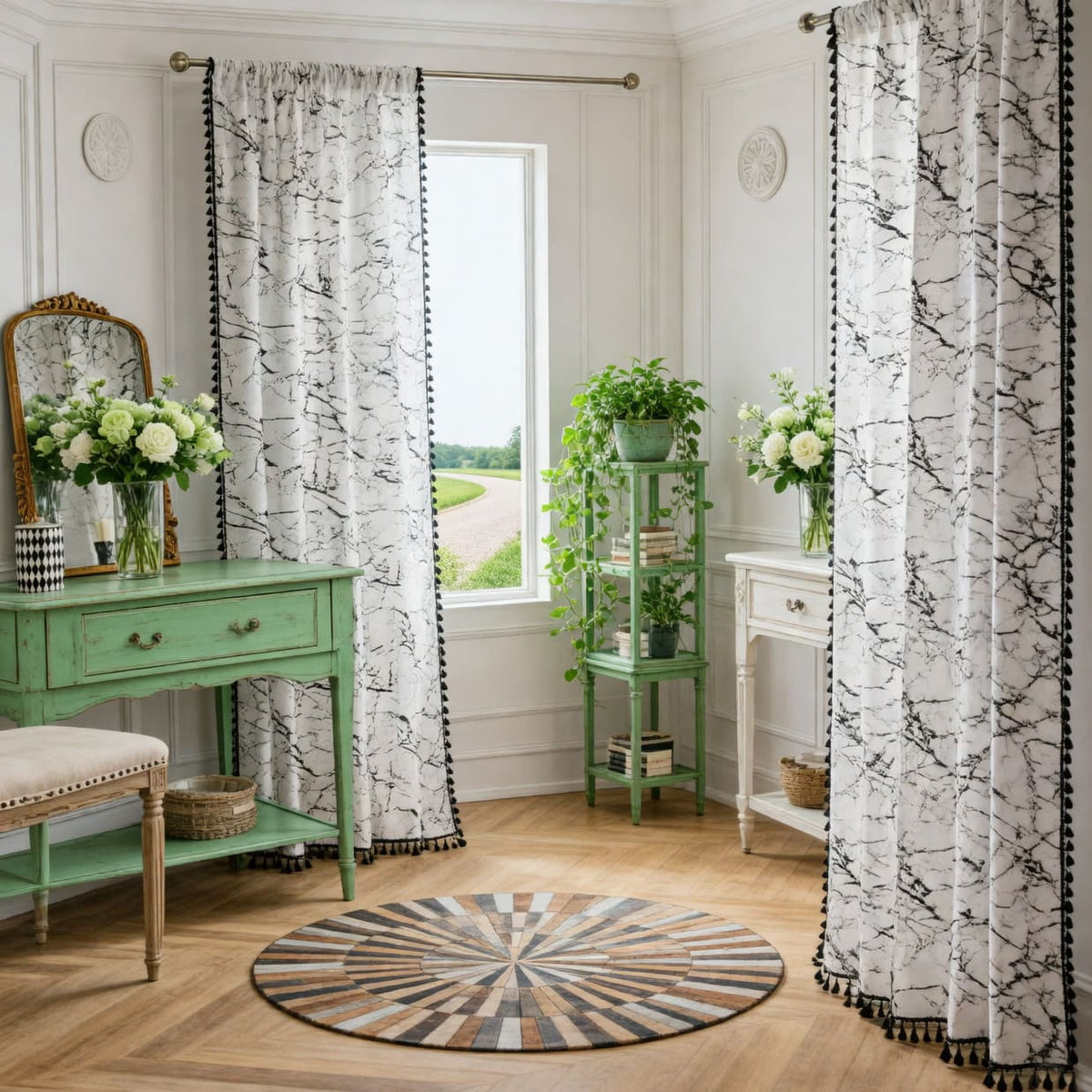 American Style White Mable Print Curtains Window Drapes with Black Tassels