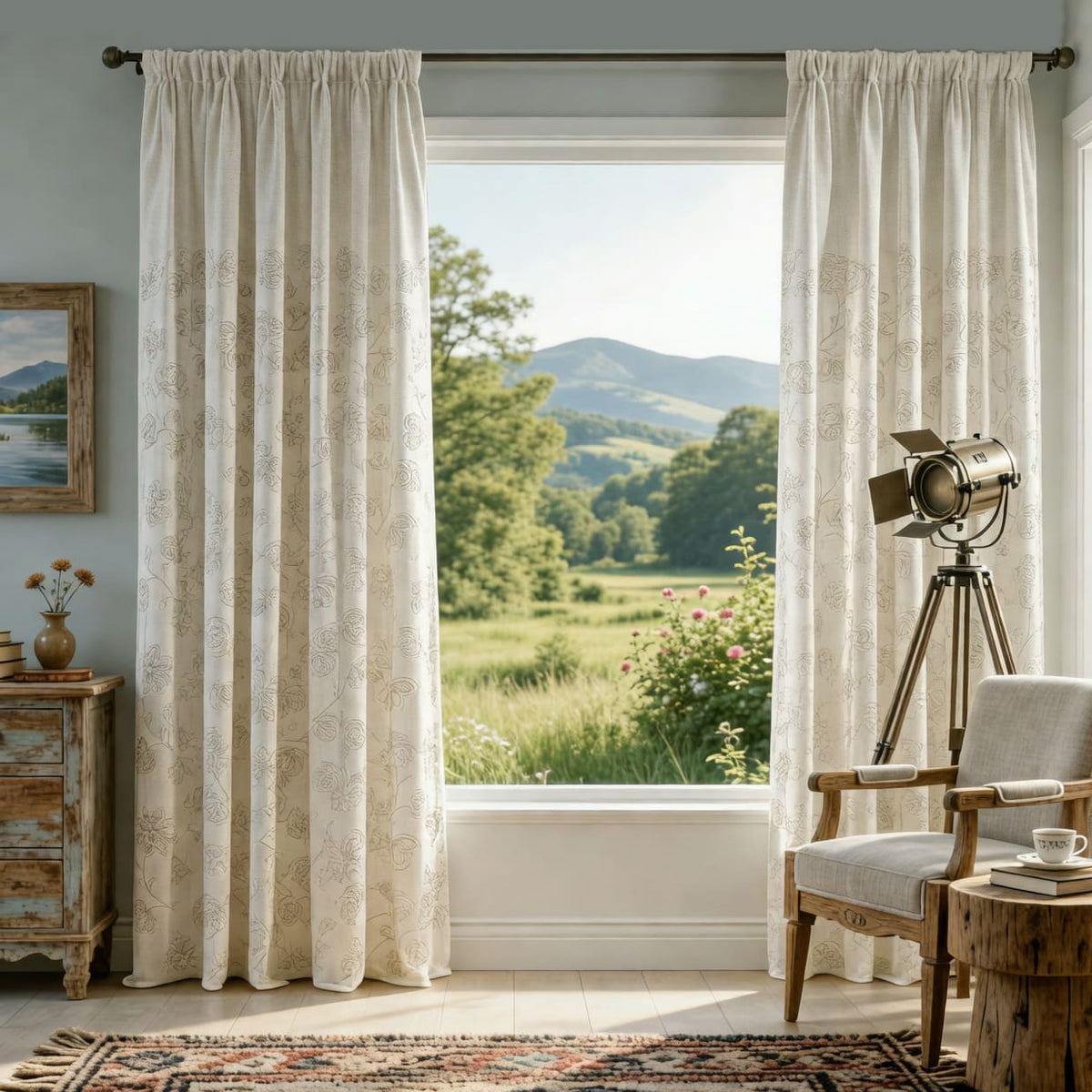 Natural Linen Rope Embroidery Flower Unique Curtains Pinch Pleat Drapes