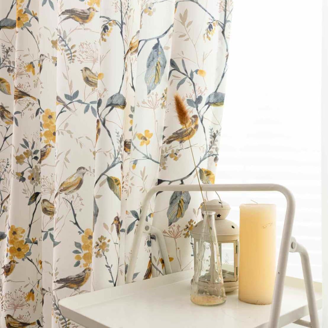 Garden Mustard Gray Birds Yellow Blossom Print Curtain Panels