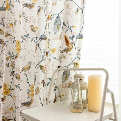 Garden Mustard Gray Birds Yellow Blossom Print Curtain Panels