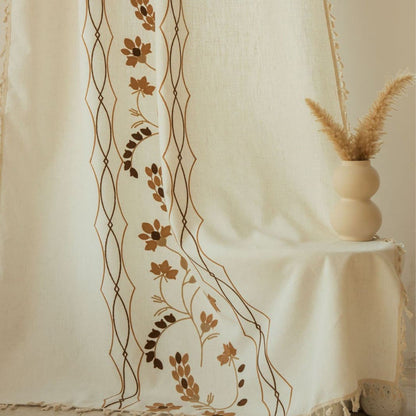 Rustic Vintage Embroidered Floral Linen Curtain with Tassels Custom Length