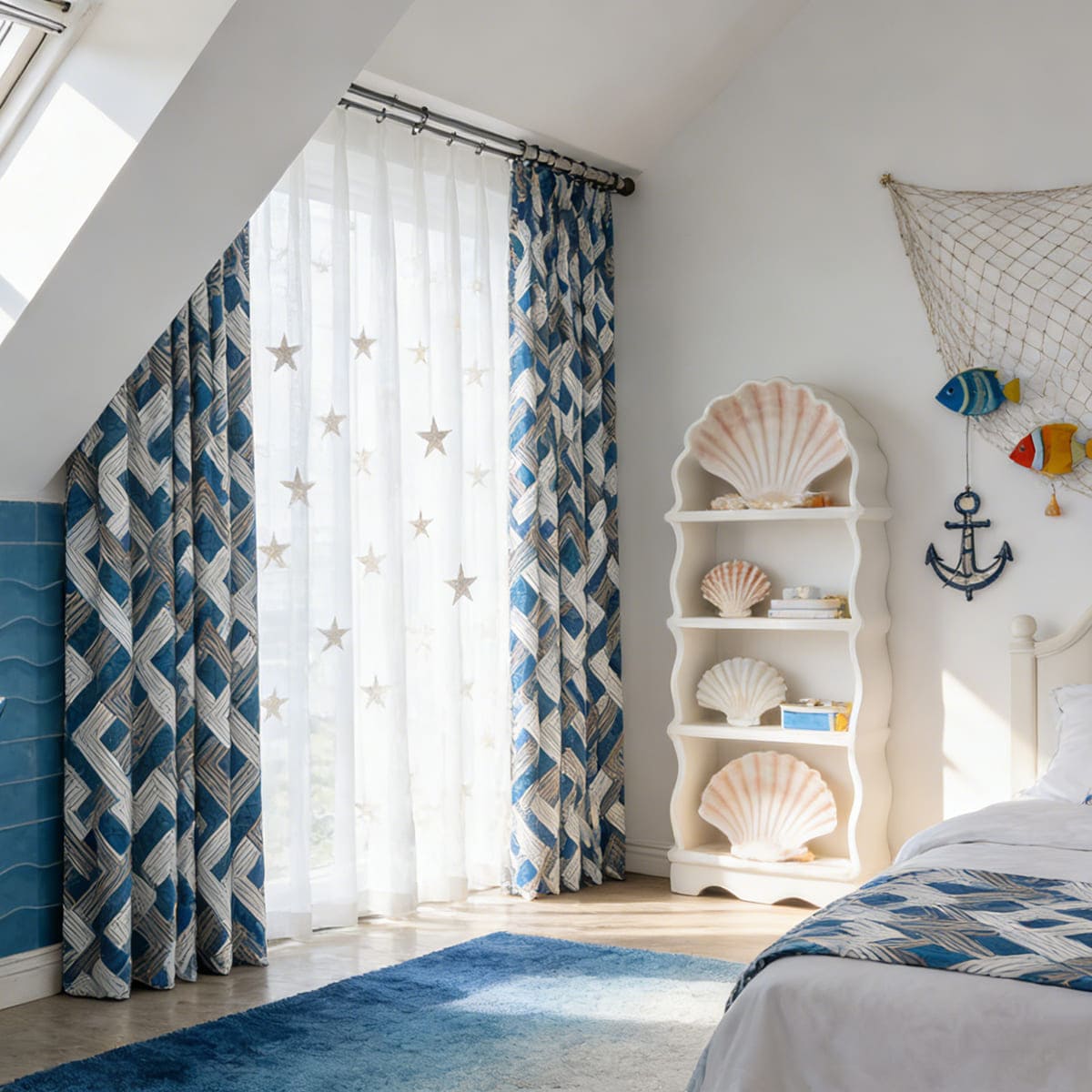 Preppy Coastal Navy White Geometric Chevron Curtain for Nautical Homes
