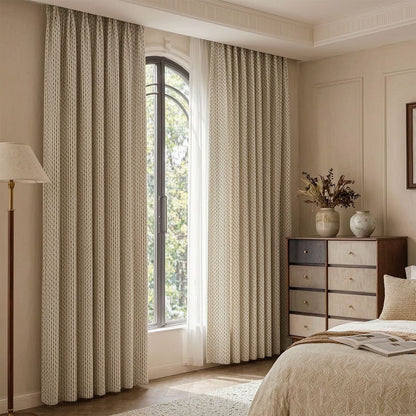 Rideaux à motifs géométriques bleus pour chambre à coucher