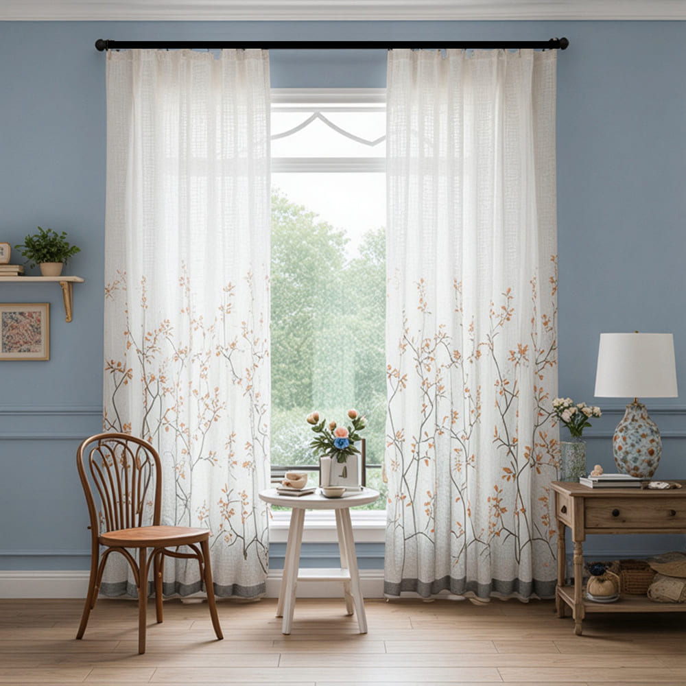 Warm Tone Linen Sheer Autumn Branch & Songbird Privacy Pinch Pleat Sheer Curtain